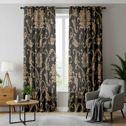 Onay Black/Gray Gold Floral Damask Curtains – Luxury Baroque Scroll Drapes