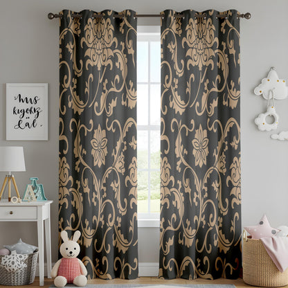 Onay Black/Gray Gold Floral Damask Curtains – Luxury Baroque Scroll Drapes