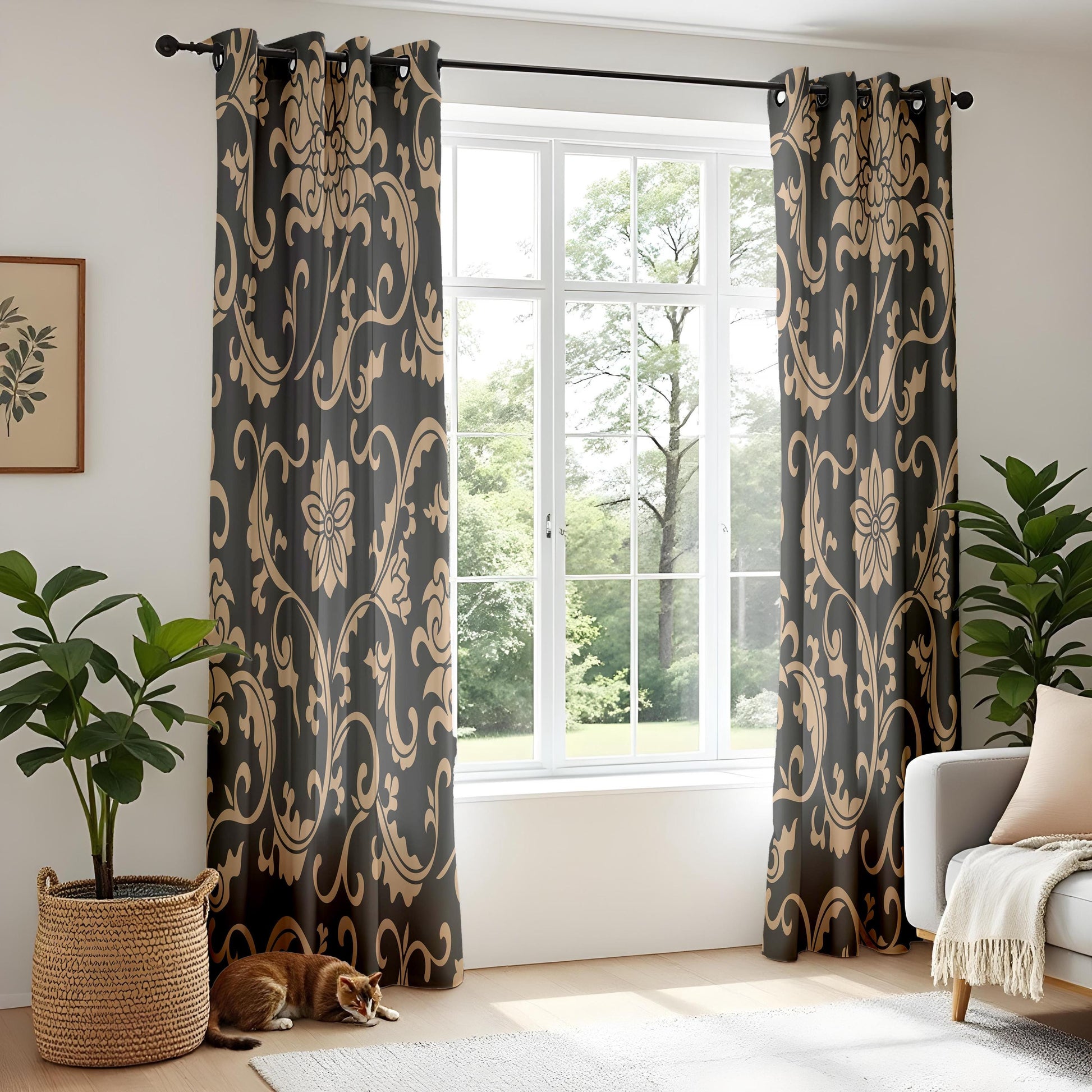 Onay Black/Gray Gold Floral Damask Curtains – Luxury Baroque Scroll Drapes