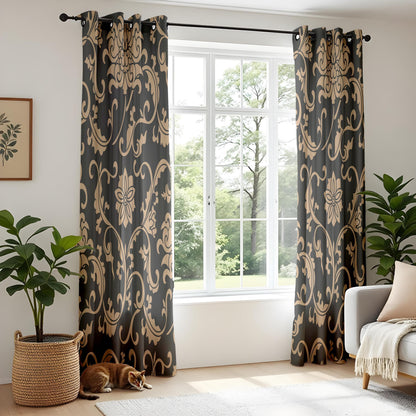 Onay Black/Gray Gold Floral Damask Curtains – Luxury Baroque Scroll Drapes