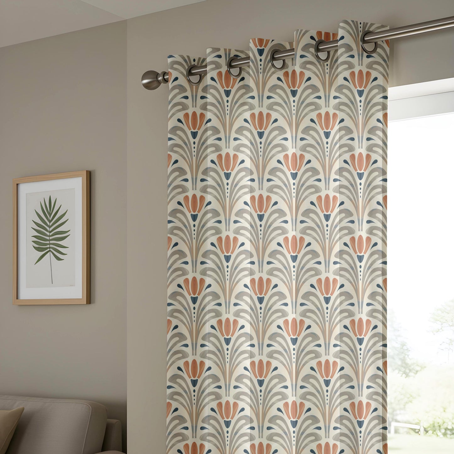 Onay Terracotta Grey Art Deco Curtains – Geometric Tulip Fan Drapes