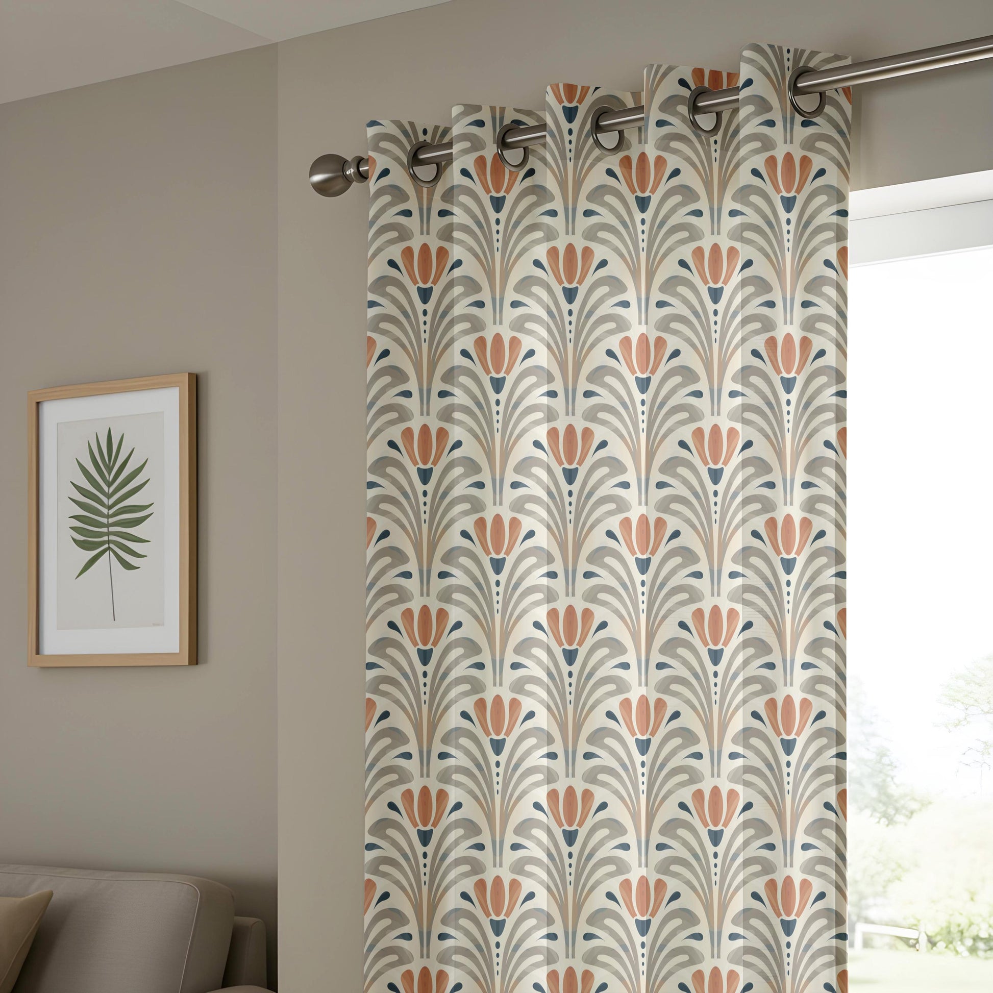 Onay Terracotta Grey Art Deco Curtains – Geometric Tulip Fan Drapes