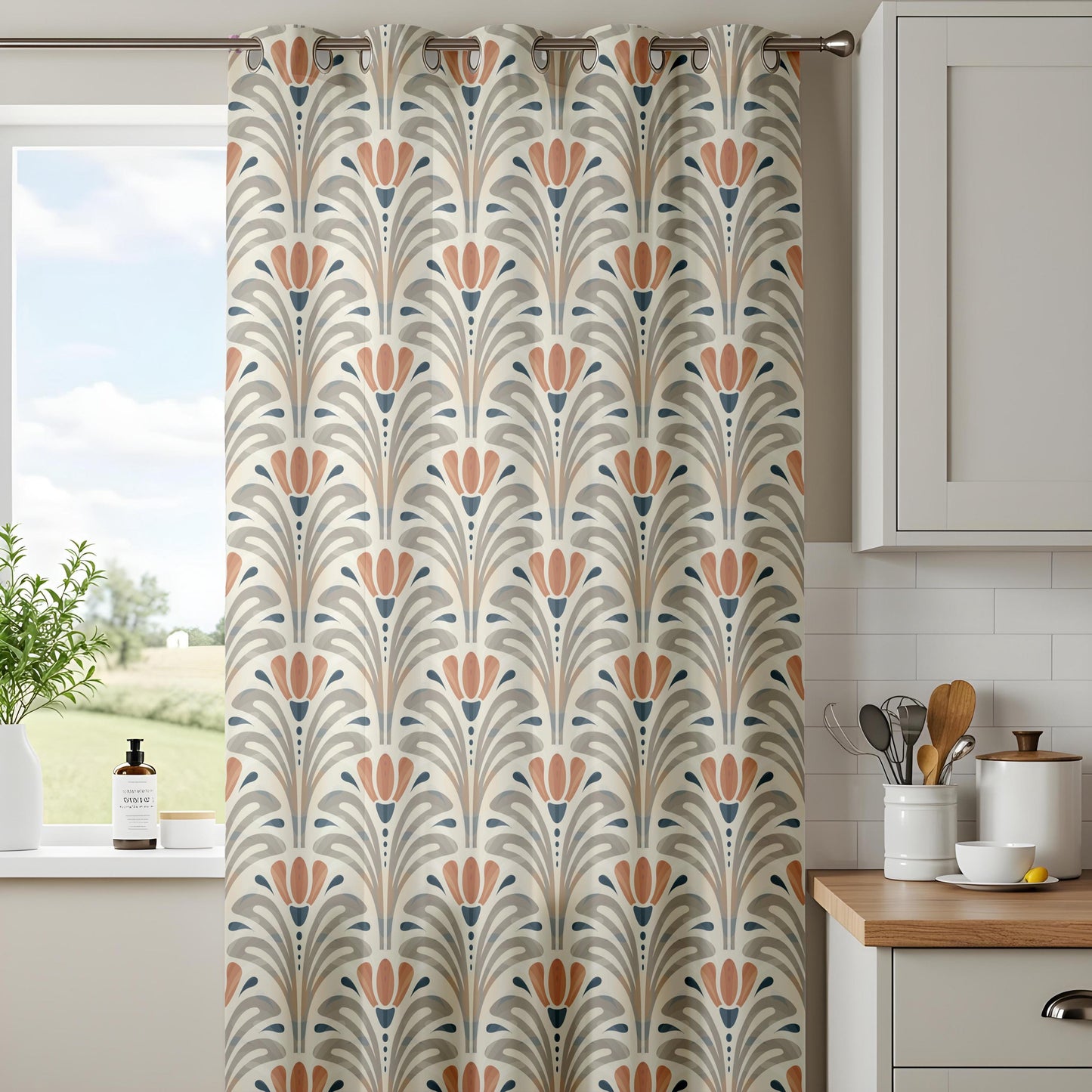 Onay Terracotta Grey Art Deco Curtains – Geometric Tulip Fan Drapes