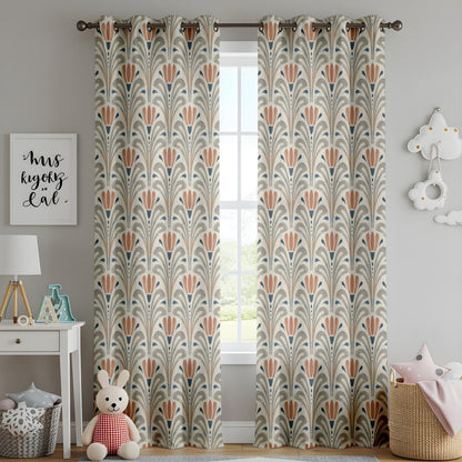Onay Terracotta Grey Art Deco Curtains – Geometric Tulip Fan Drapes