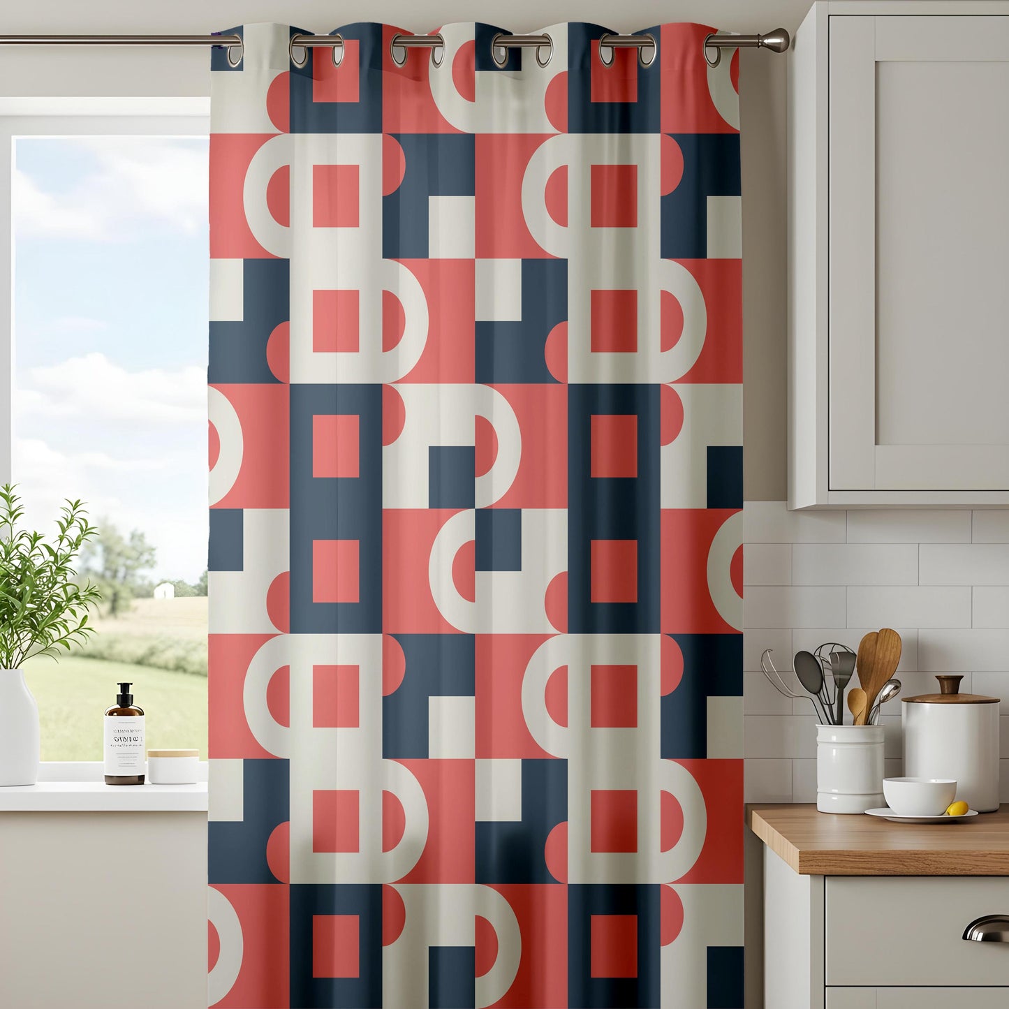 Onay Red Navy Bauhaus Geometric Curtains – Mid Century Modern Abstract Drapes