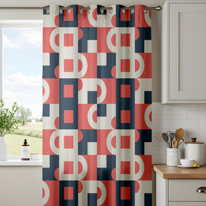 Onay Red Navy Bauhaus Geometric Curtains – Mid Century Modern Abstract Drapes