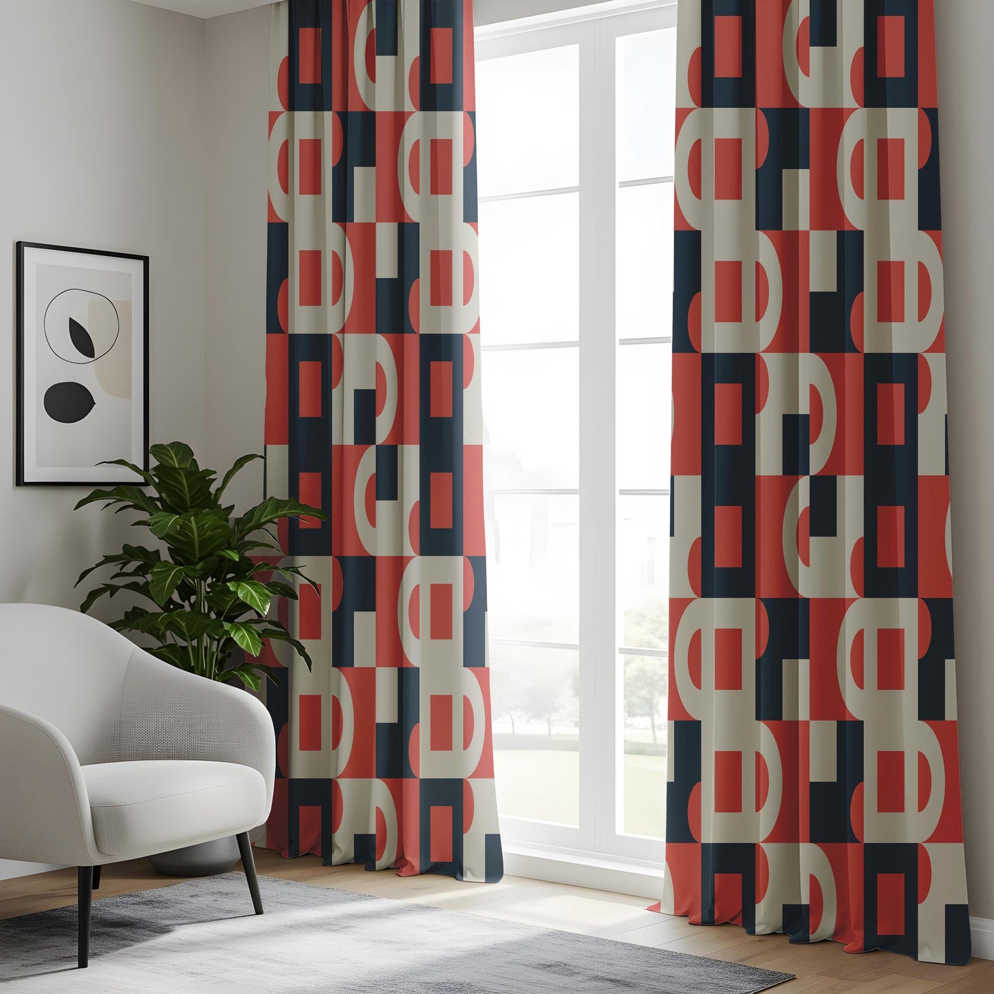 Onay Red Navy Bauhaus Geometric Curtains – Mid Century Modern Abstract Drapes