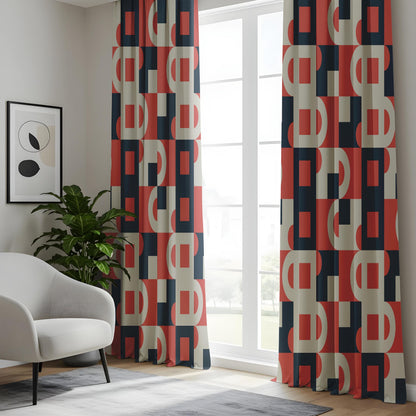 Onay Red Navy Bauhaus Geometric Curtains – Mid Century Modern Abstract Drapes