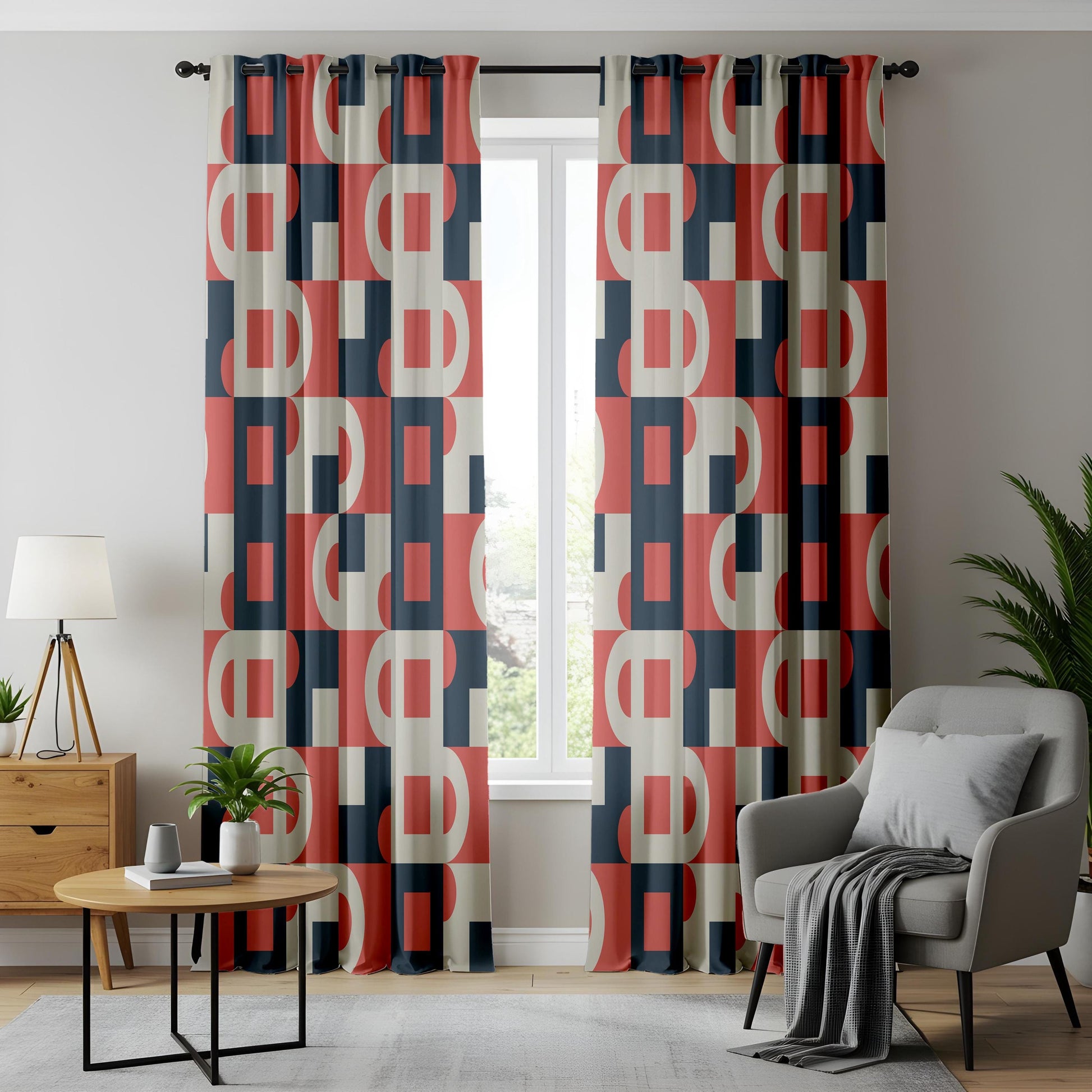 Onay Red Navy Bauhaus Geometric Curtains – Mid Century Modern Abstract Drapes