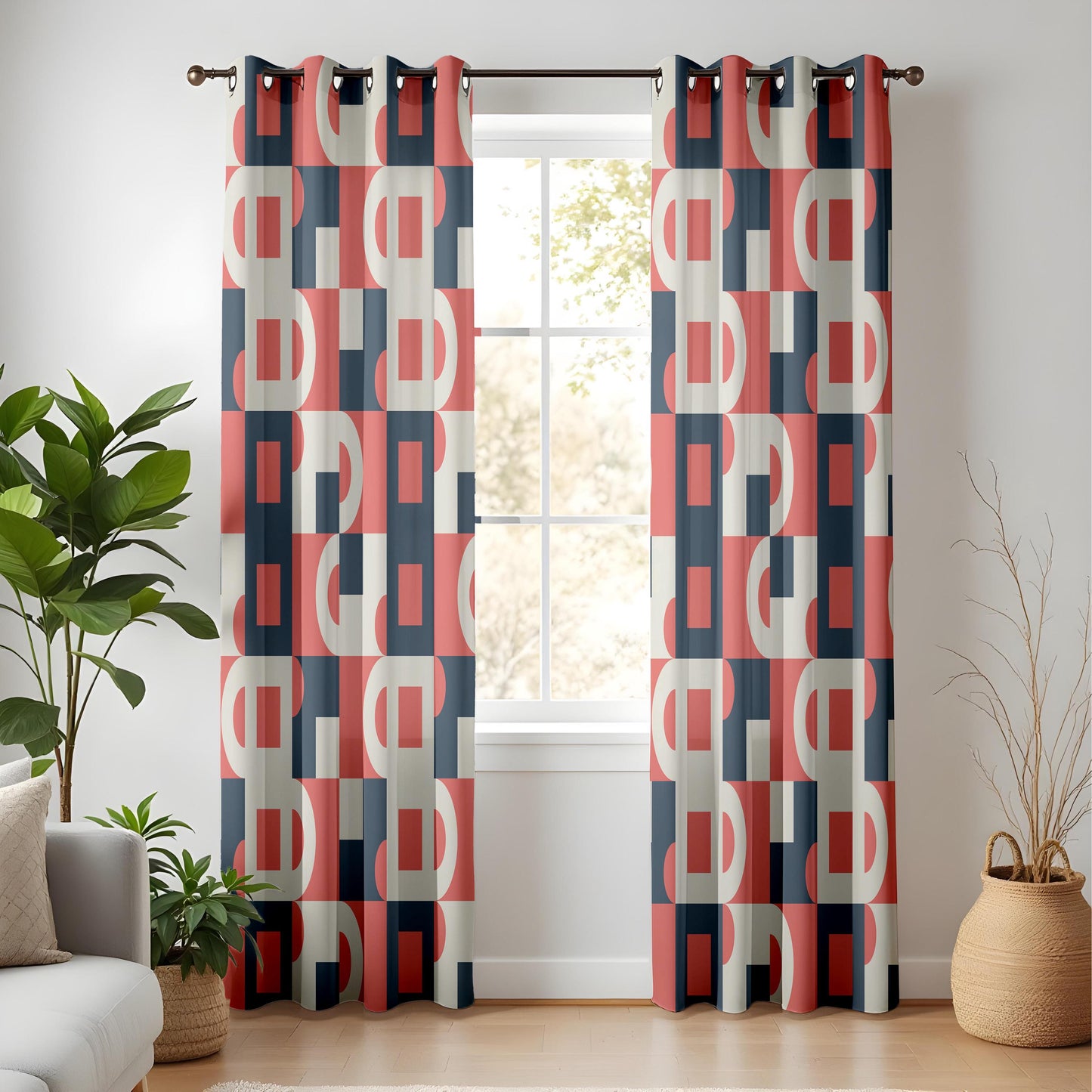 Onay Red Navy Bauhaus Geometric Curtains – Mid Century Modern Abstract Drapes