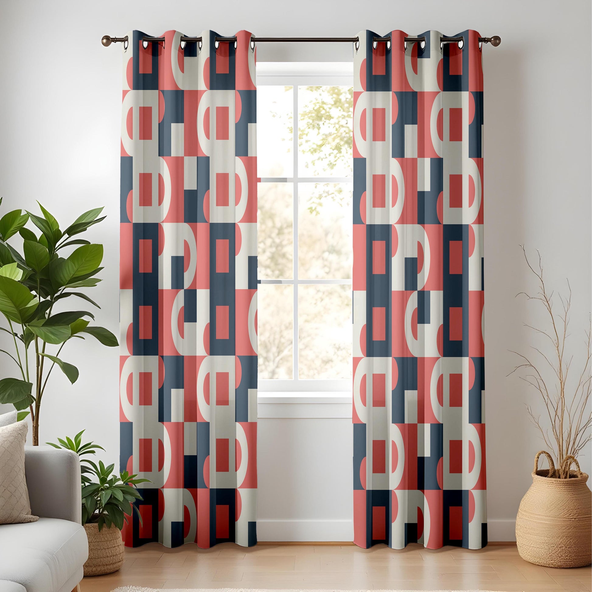 Onay Red Navy Bauhaus Geometric Curtains – Mid Century Modern Abstract Drapes