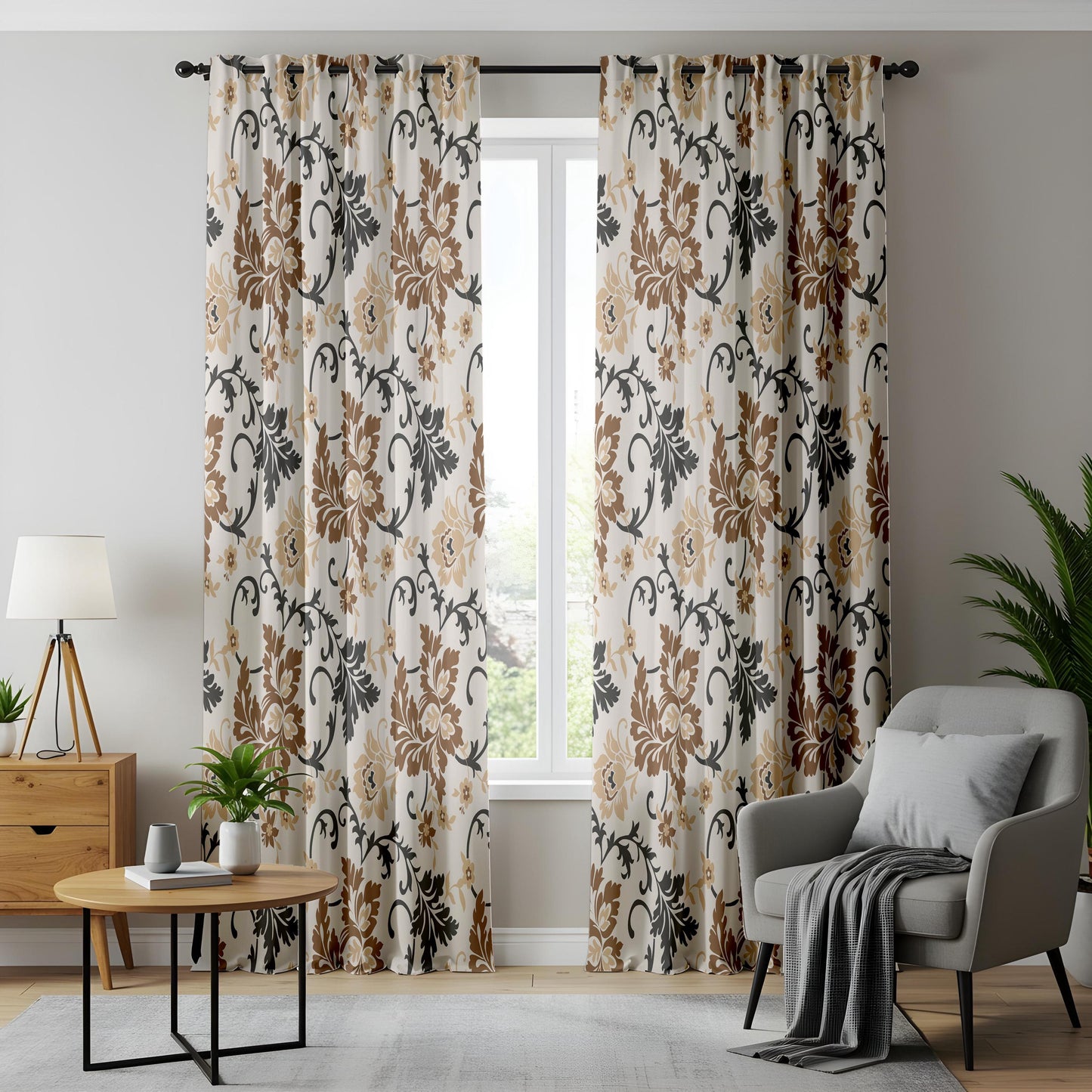 Onay Brown Beige Floral Vine Curtains – Classic Scroll Leaf Drapes