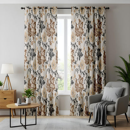 Onay Brown Beige Floral Vine Curtains – Classic Scroll Leaf Drapes