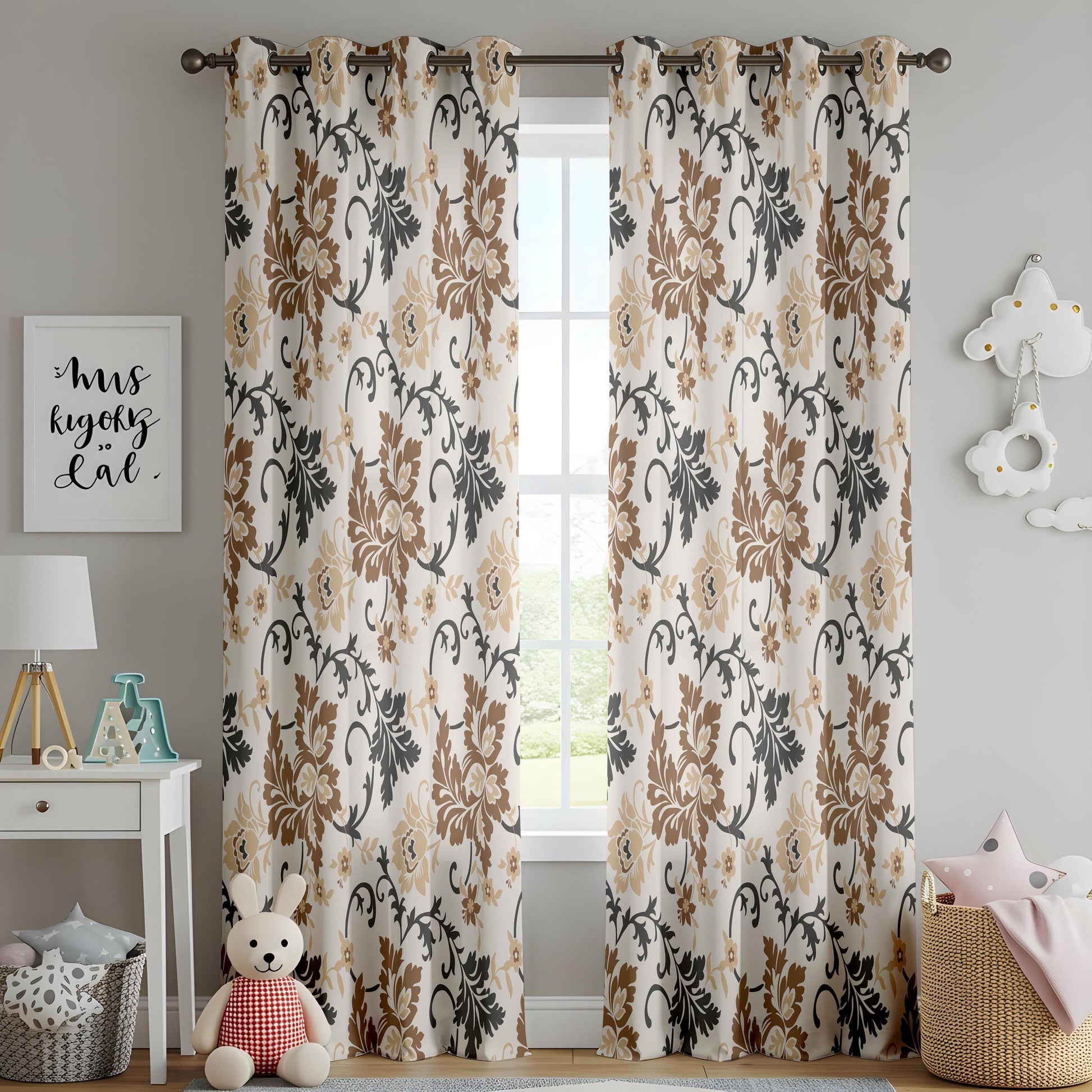 Onay Brown Beige Floral Vine Curtains – Classic Scroll Leaf Drapes