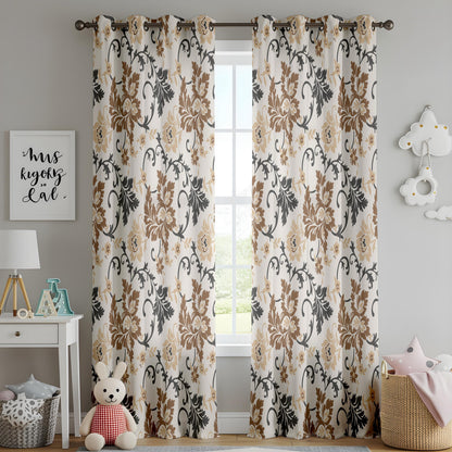 Onay Brown Beige Floral Vine Curtains – Classic Scroll Leaf Drapes