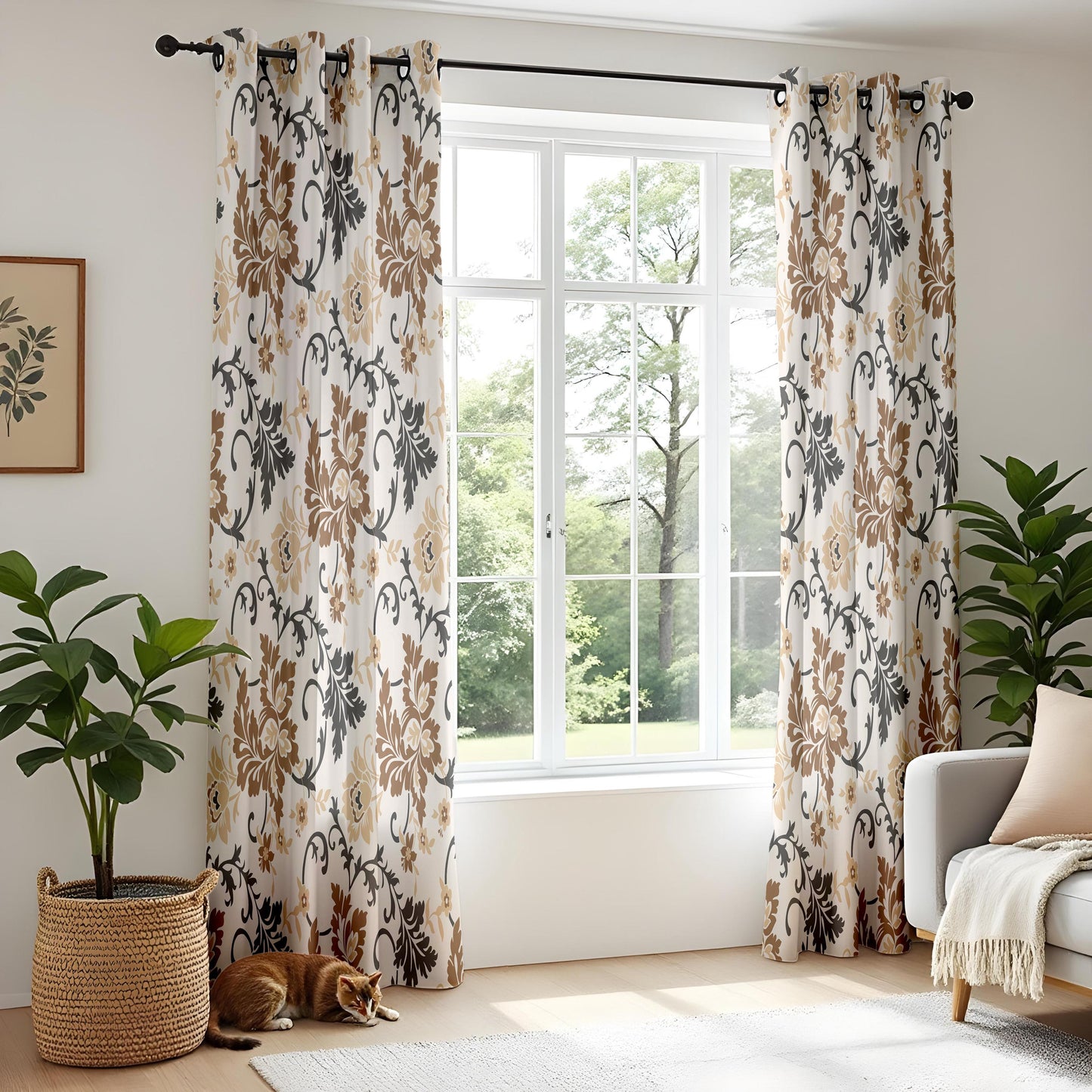 Onay Brown Beige Floral Vine Curtains – Classic Scroll Leaf Drapes