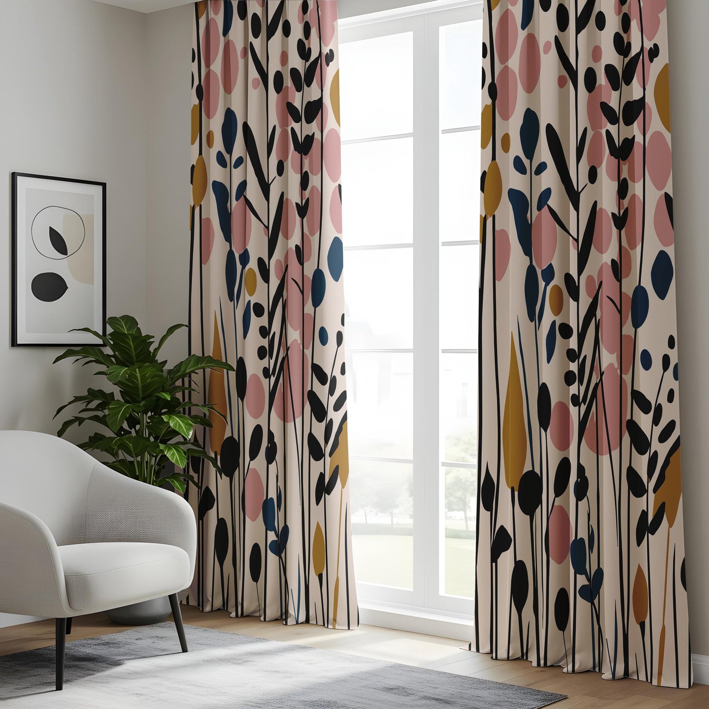 Onay Blush Pink Mustard Abstract Floral Curtains – Colorful Living Room