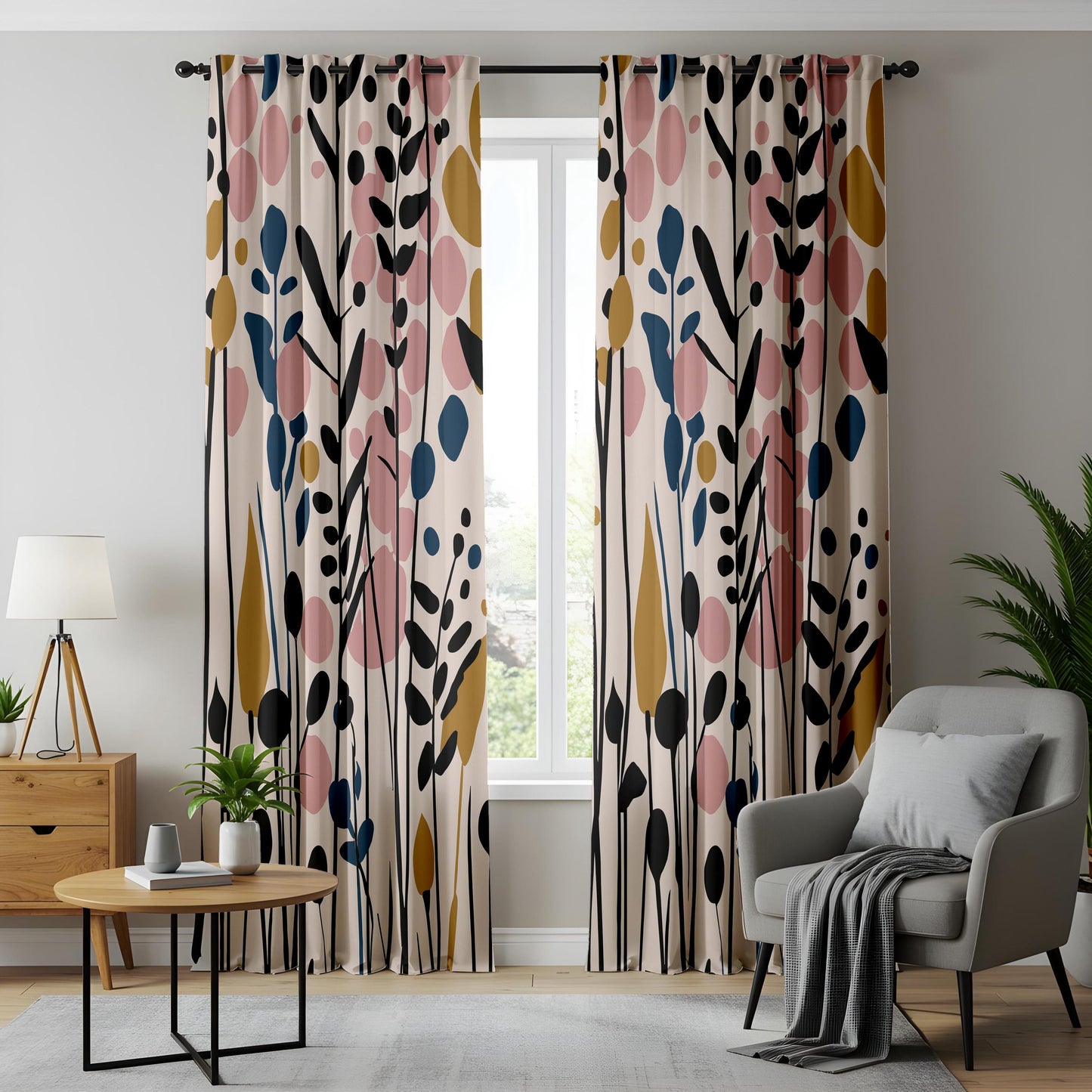 Onay Blush Pink Mustard Abstract Floral Curtains – Colorful Living Room