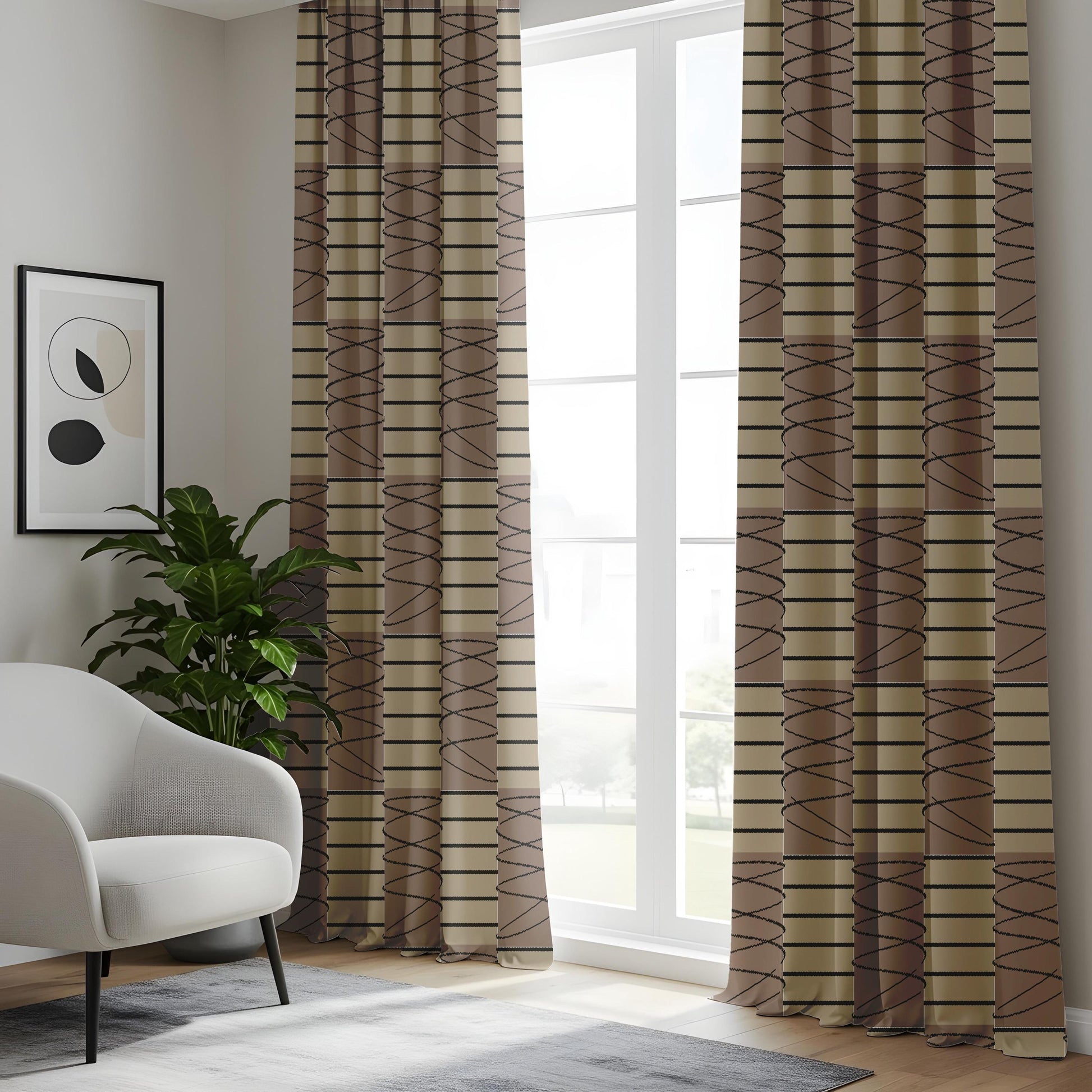 Onay Beige Brown Geometric Striped Curtains – Modern Abstract Scribble Drapes