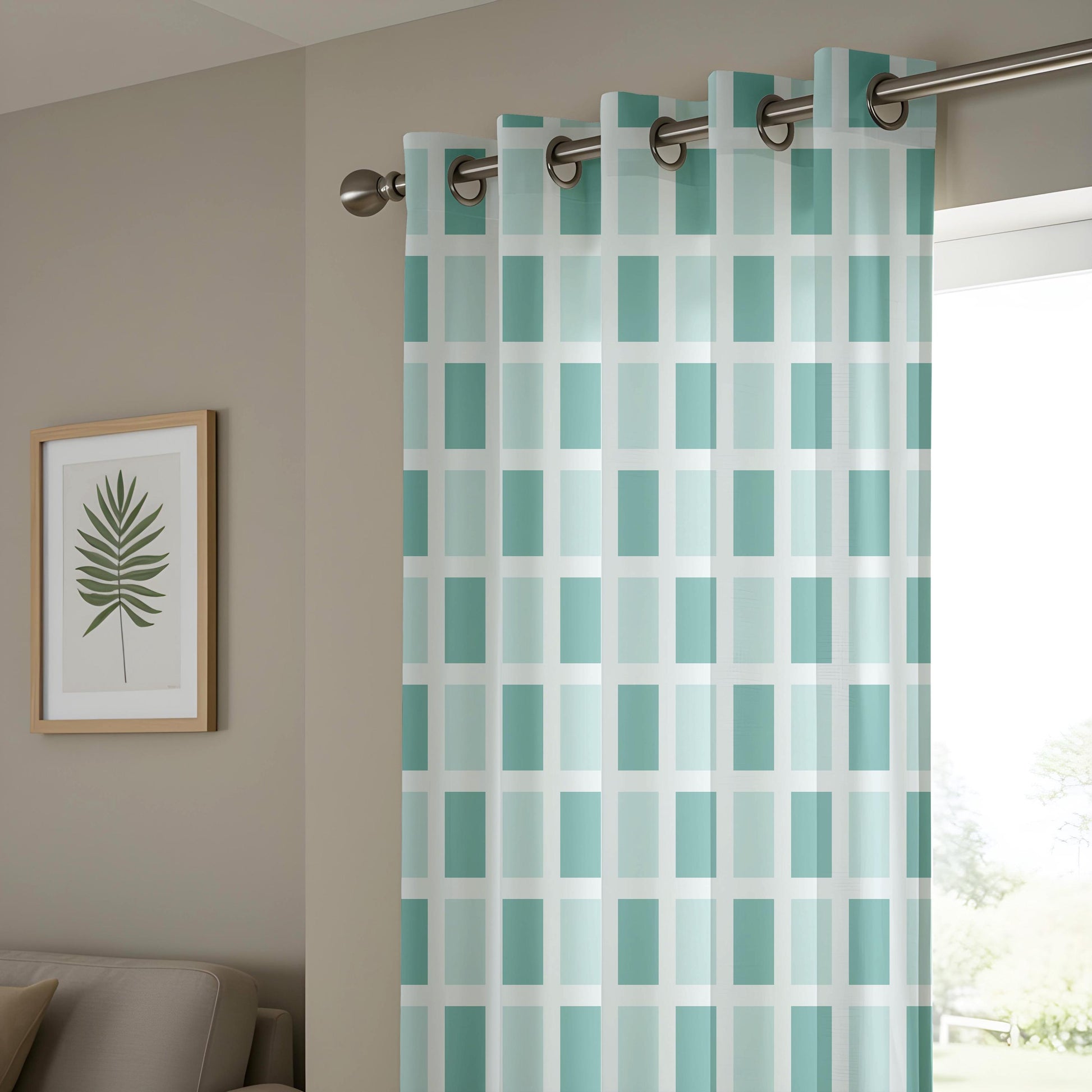 Onay Teal Mint Green Geometric Block Curtains – Modern Minimalist Grid Drapes