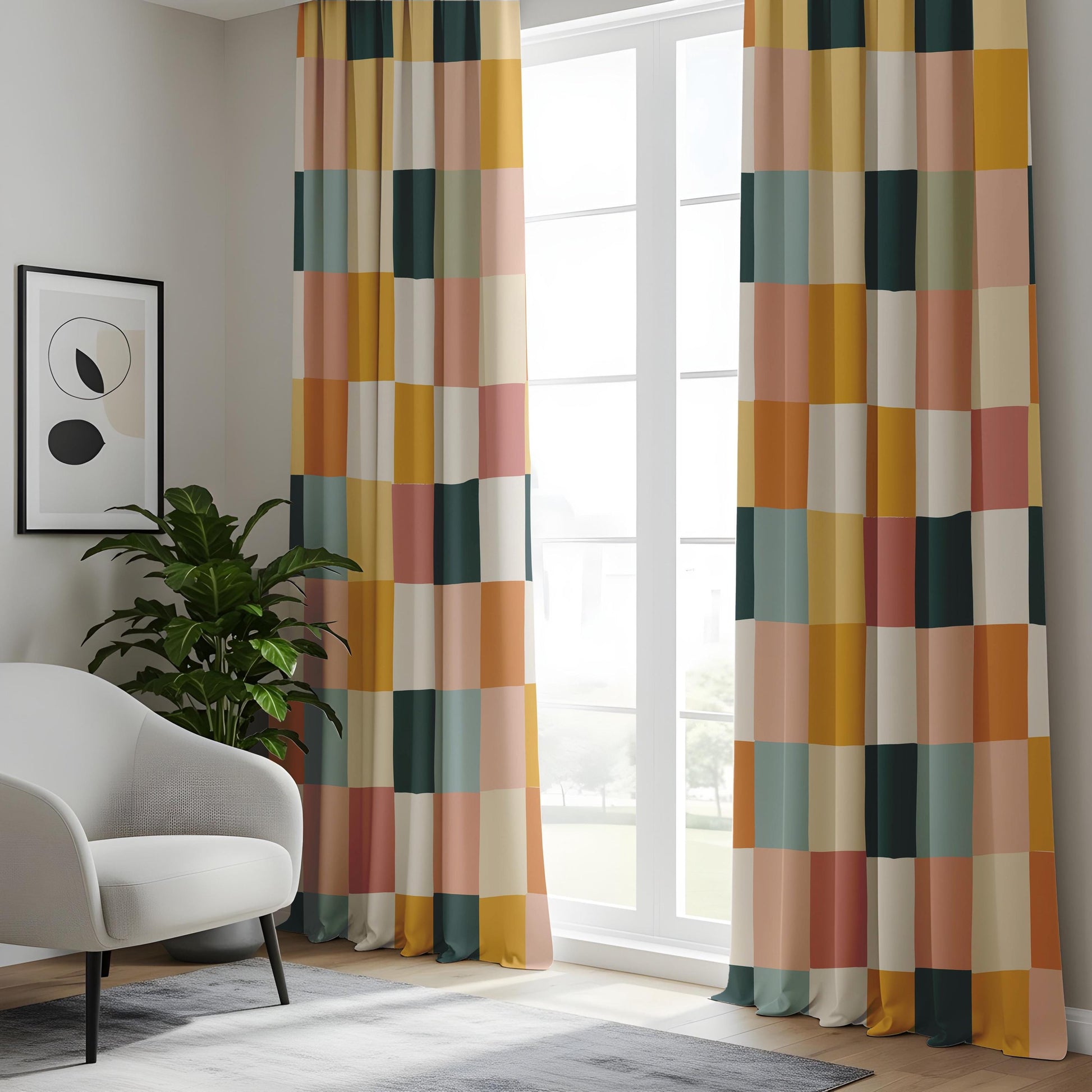 Onay Multicolor Geometric Block Curtains – Mustard Pink Teal Patchwork Drapes