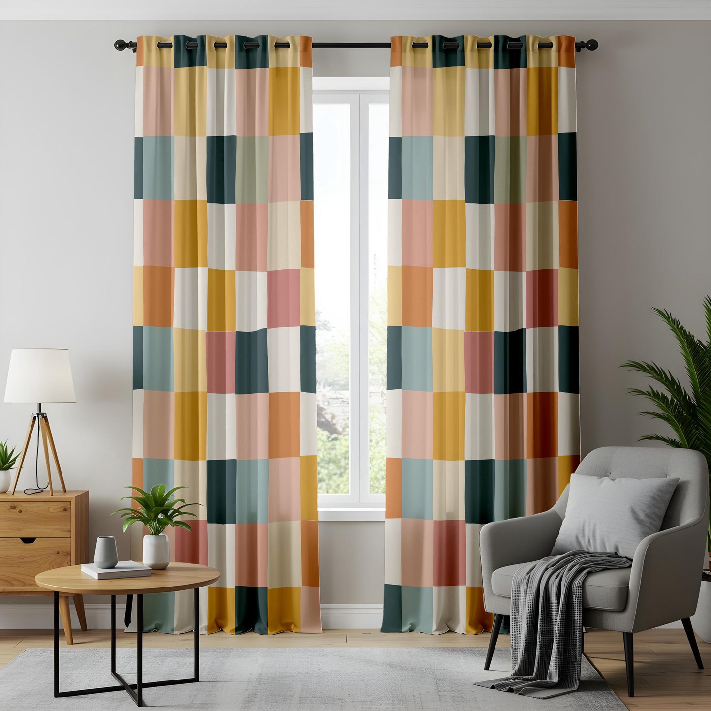 Onay Multicolor Geometric Block Curtains – Mustard Pink Teal Patchwork Drapes