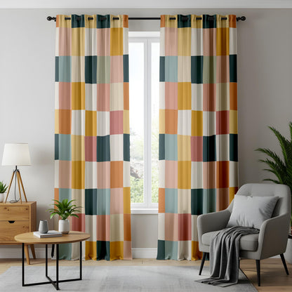 Onay Multicolor Geometric Block Curtains – Mustard Pink Teal Patchwork Drapes