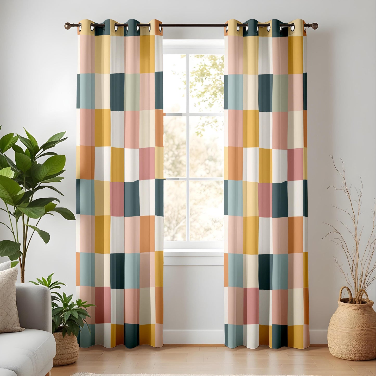 Onay Multicolor Geometric Block Curtains – Mustard Pink Teal Patchwork Drapes
