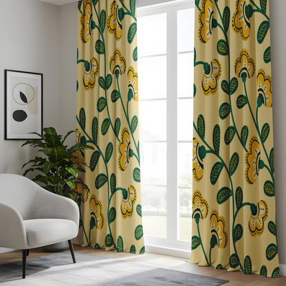Onay Yellow Green Scandi Floral Curtains – Retro Folk Art Vine Drapes