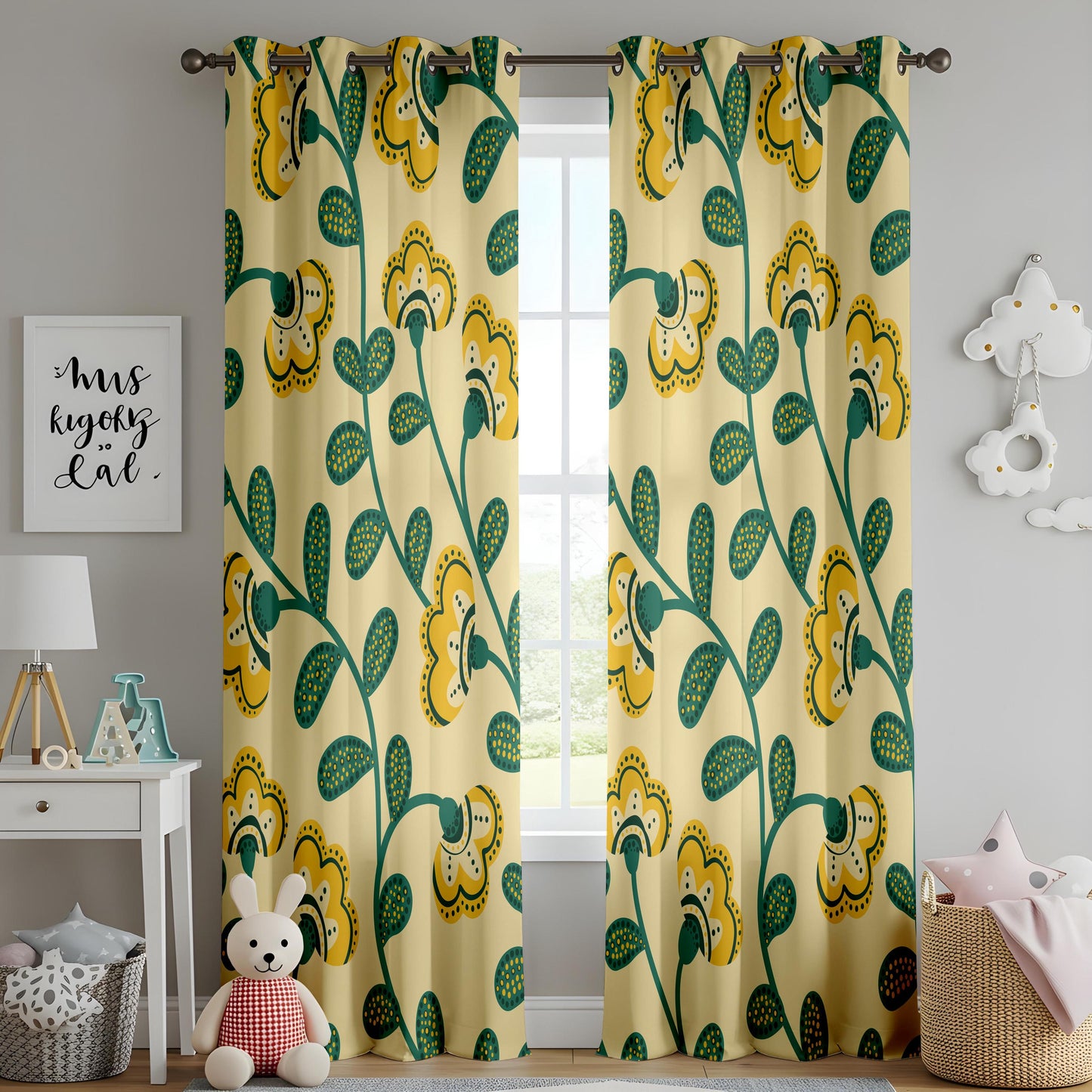 Onay Yellow Green Scandi Floral Curtains – Retro Folk Art Vine Drapes