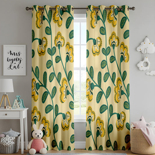Onay Yellow Green Scandi Floral Curtains – Retro Folk Art Vine Drapes