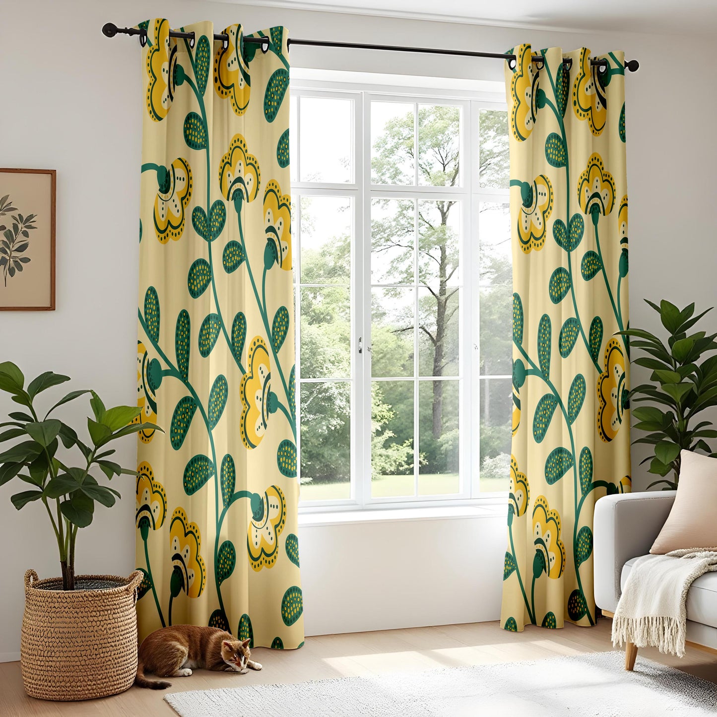 Onay Yellow Green Scandi Floral Curtains – Retro Folk Art Vine Drapes