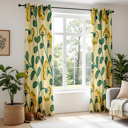 Onay Yellow Green Scandi Floral Curtains – Retro Folk Art Vine Drapes