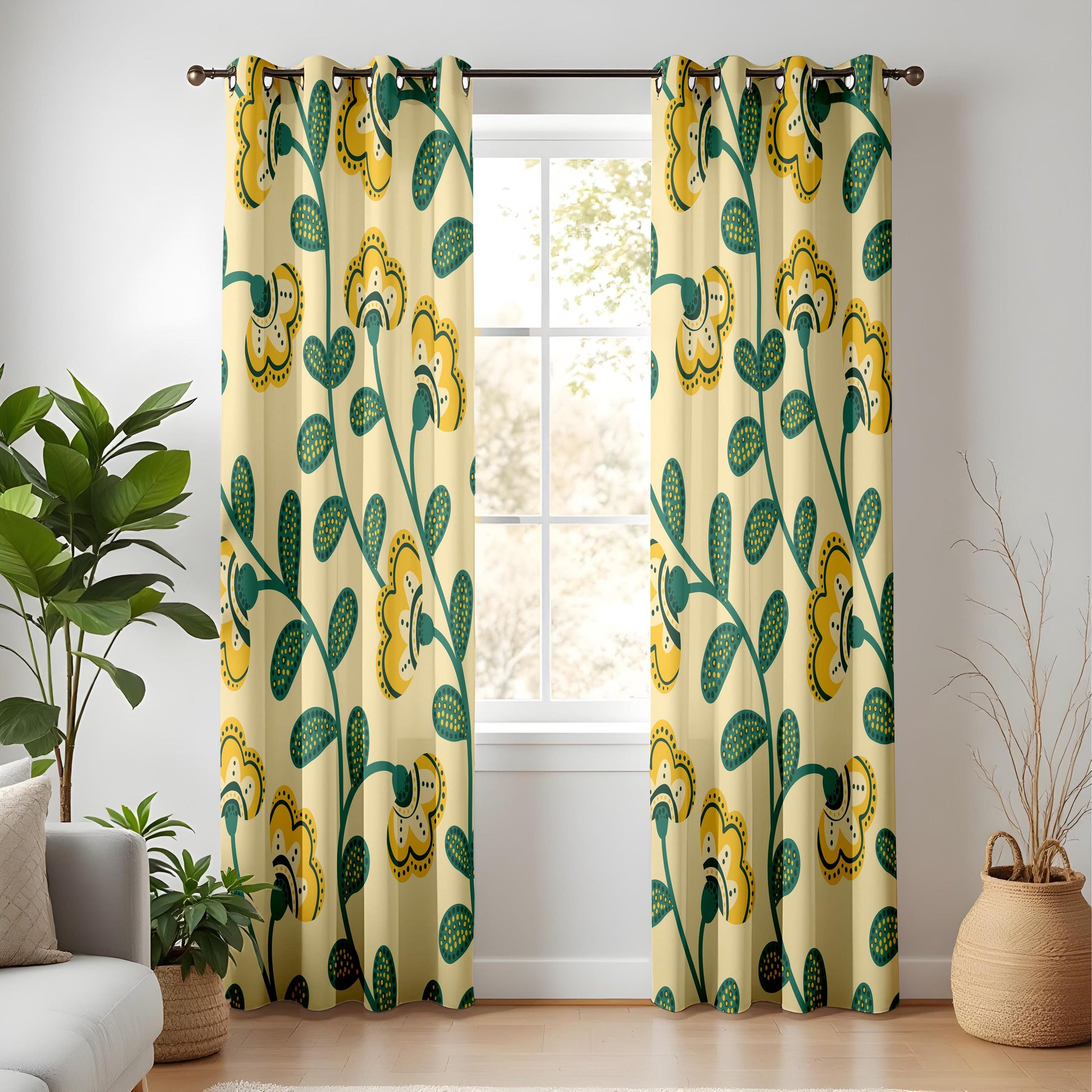 Onay Yellow Green Scandi Floral Curtains – Retro Folk Art Vine Drapes