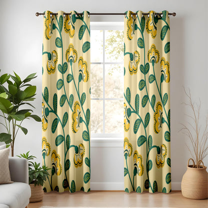 Onay Yellow Green Scandi Floral Curtains – Retro Folk Art Vine Drapes