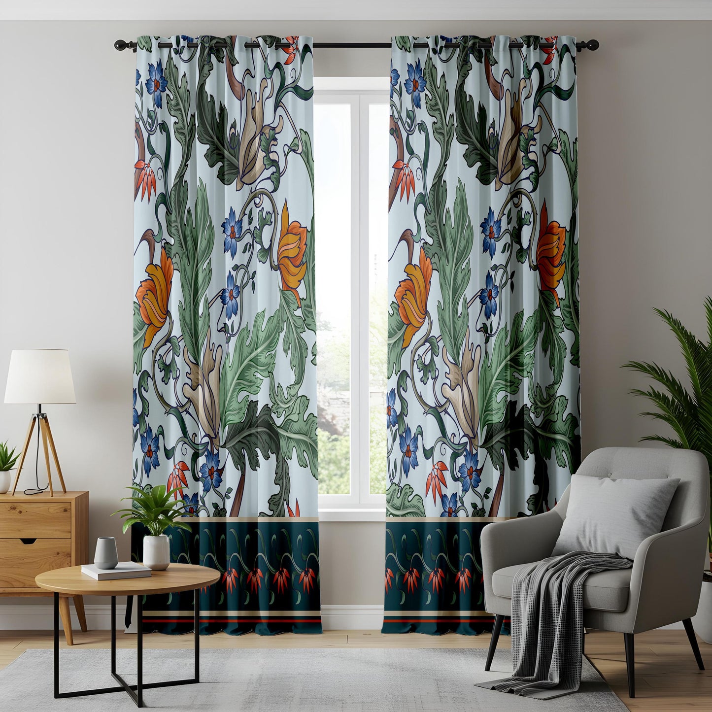 Onay Blue Green Arts and Crafts Curtains – William Morris Style Floral Drapes