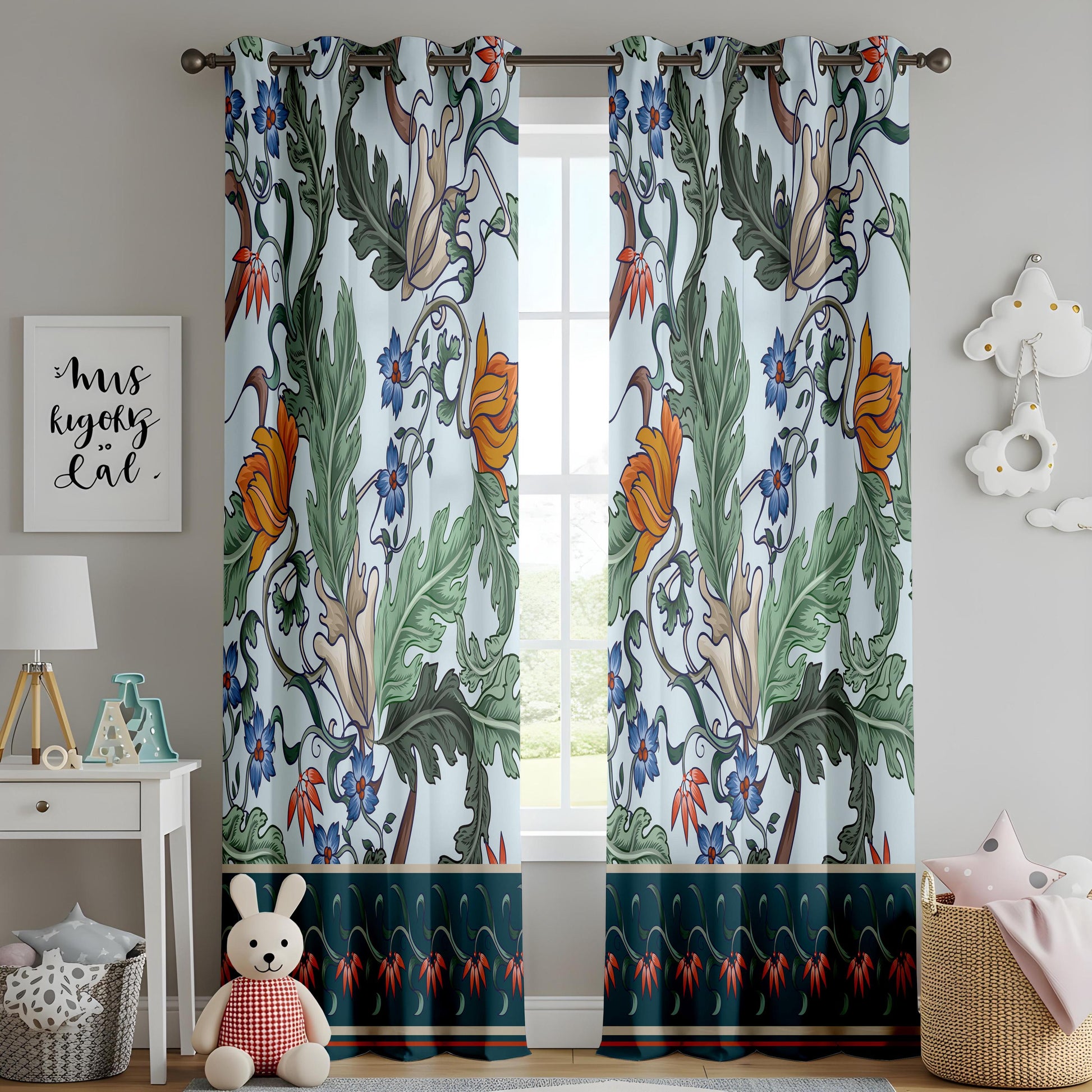 Onay Blue Green Arts and Crafts Curtains – William Morris Style Floral Drapes