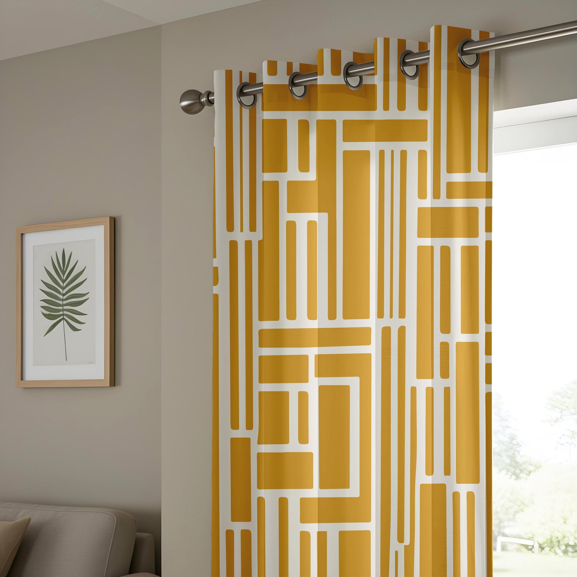 Onay Mustard Yellow Geometric Line Curtains – Mid Century Living Room