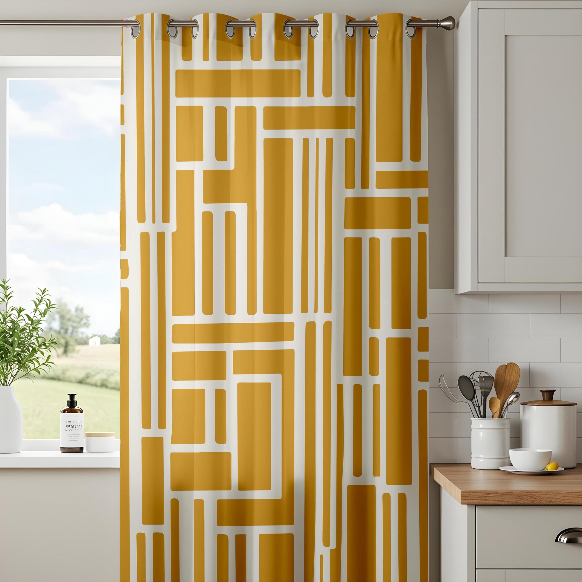 Onay Mustard Yellow Geometric Line Curtains – Mid Century Living Room