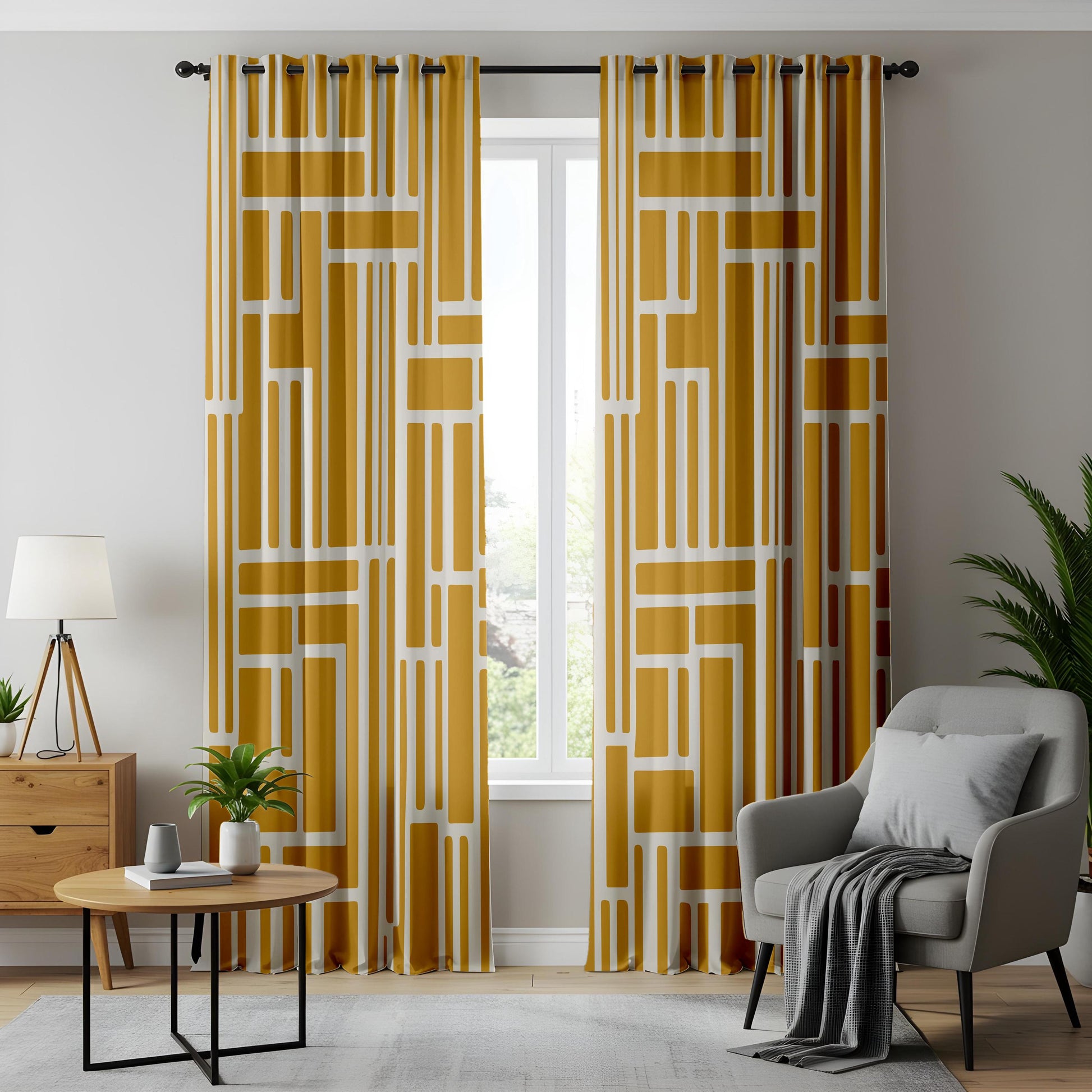 Onay Mustard Yellow Geometric Line Curtains – Mid Century Living Room