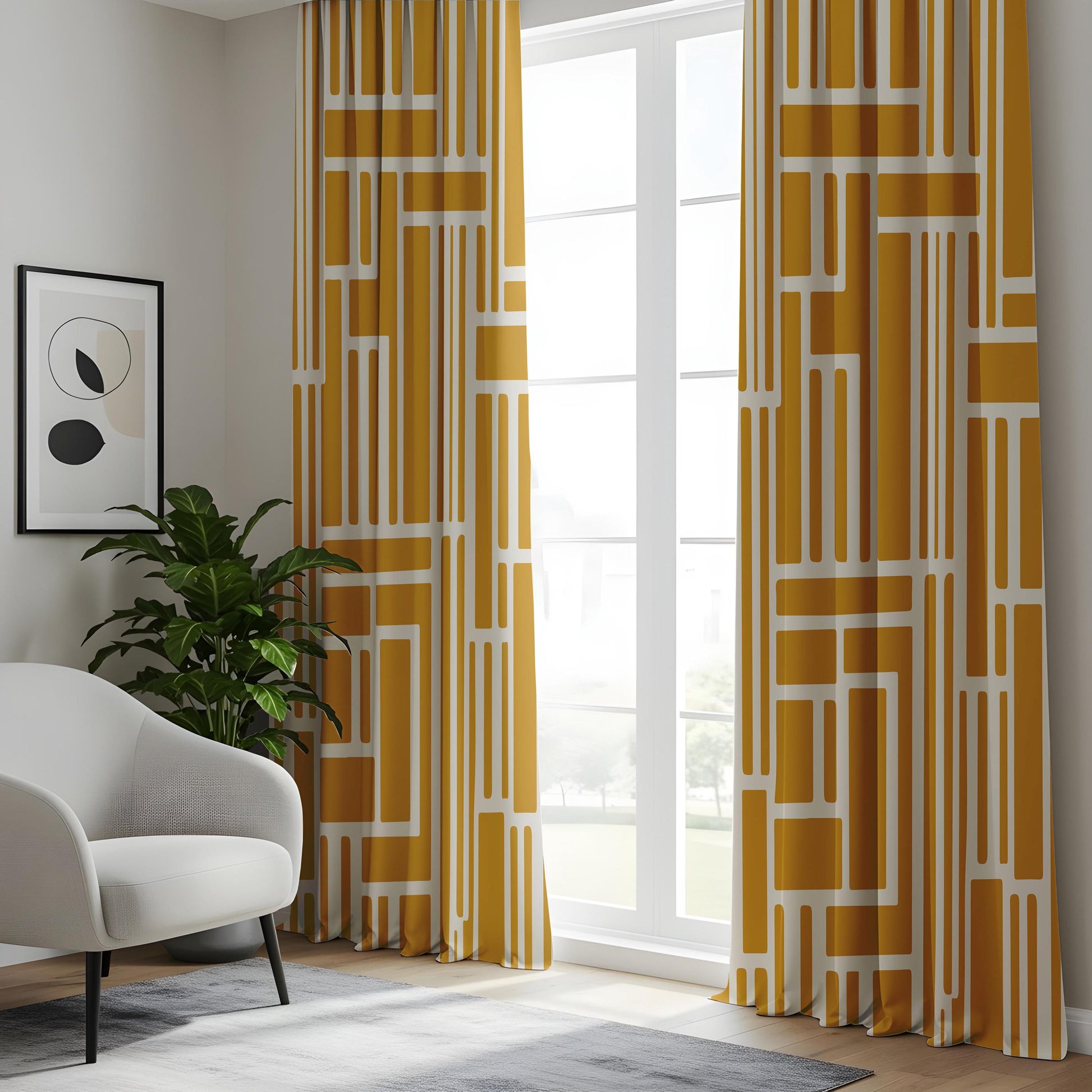 Onay Mustard Yellow Geometric Line Curtains – Mid Century Living Room