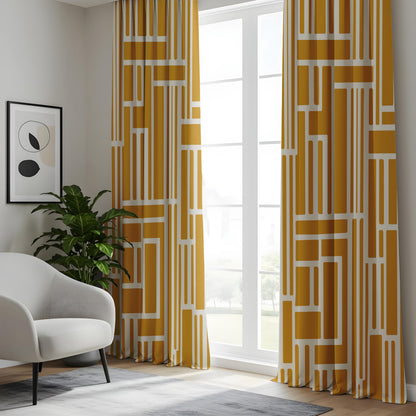 Onay Mustard Yellow Geometric Line Curtains – Mid Century Living Room