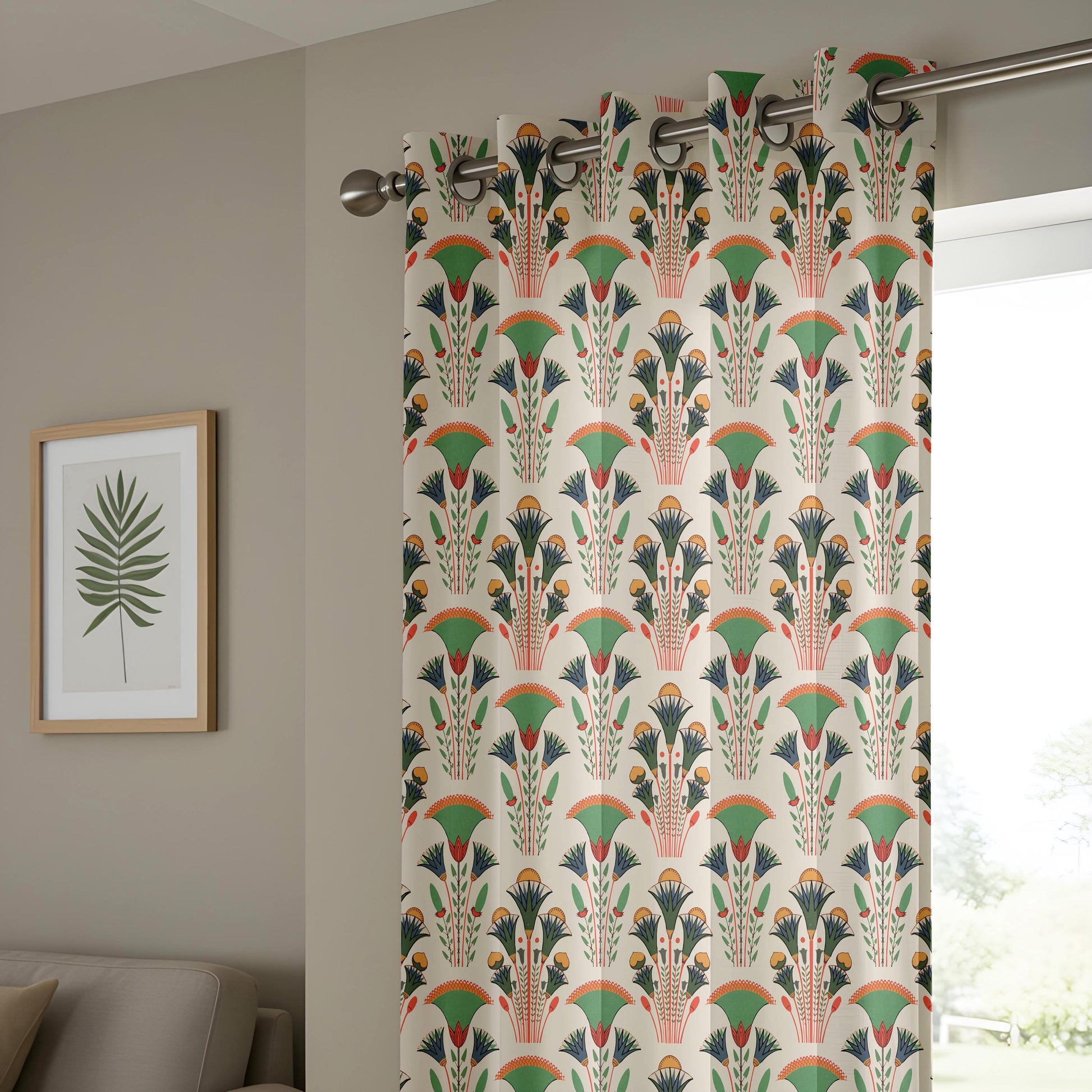Onay Green Orange Art Deco Fan Curtains – Egyptian Revival Papyrus Drapes