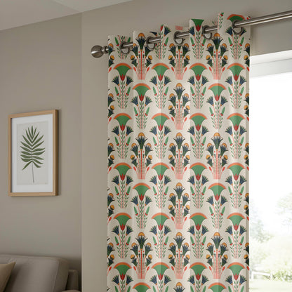 Onay Green Orange Art Deco Fan Curtains – Egyptian Revival Papyrus Drapes