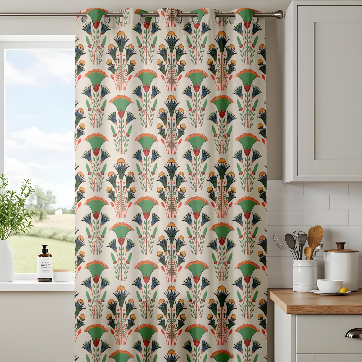 Onay Green Orange Art Deco Fan Curtains – Egyptian Revival Papyrus Drapes