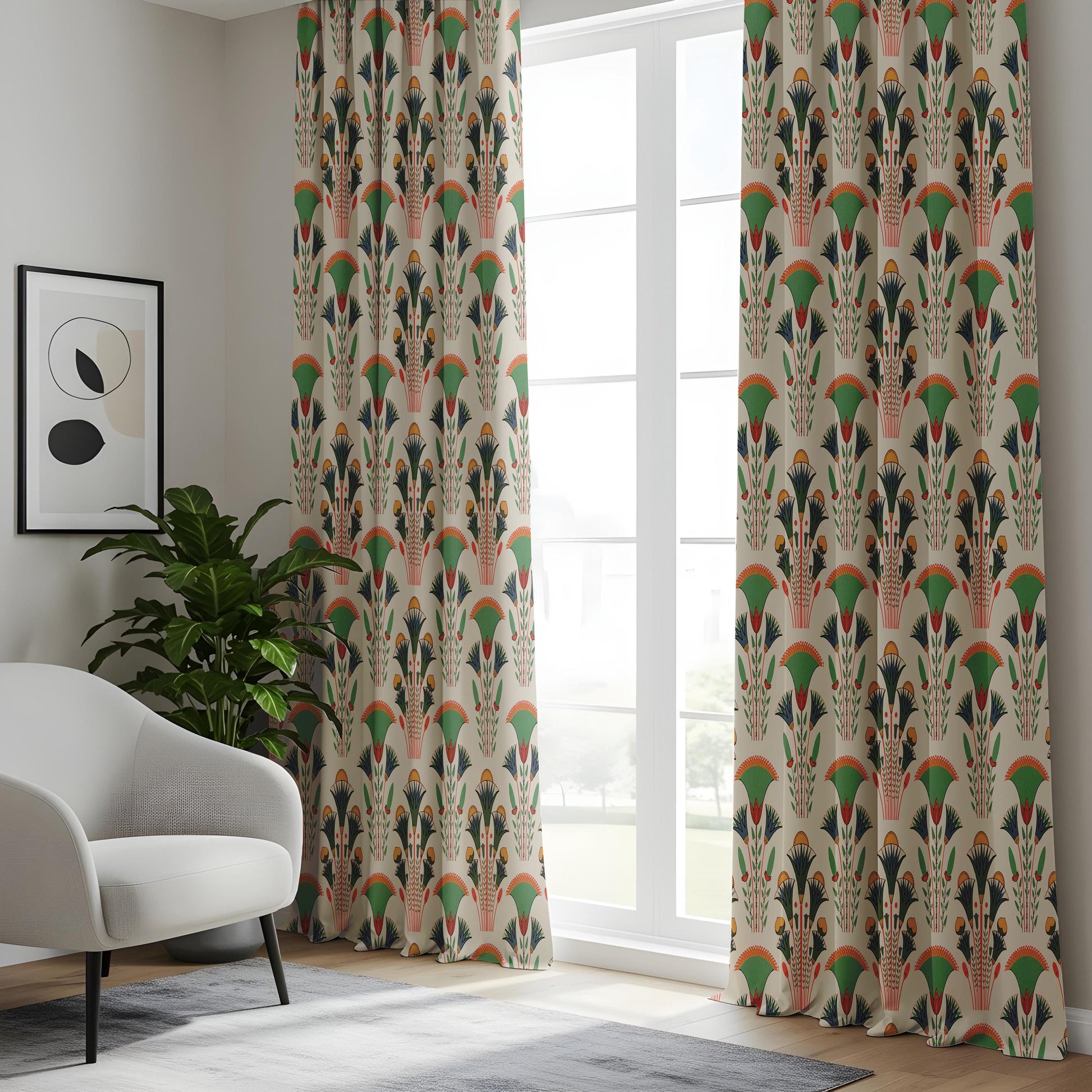 Onay Green Orange Art Deco Fan Curtains – Egyptian Revival Papyrus Drapes