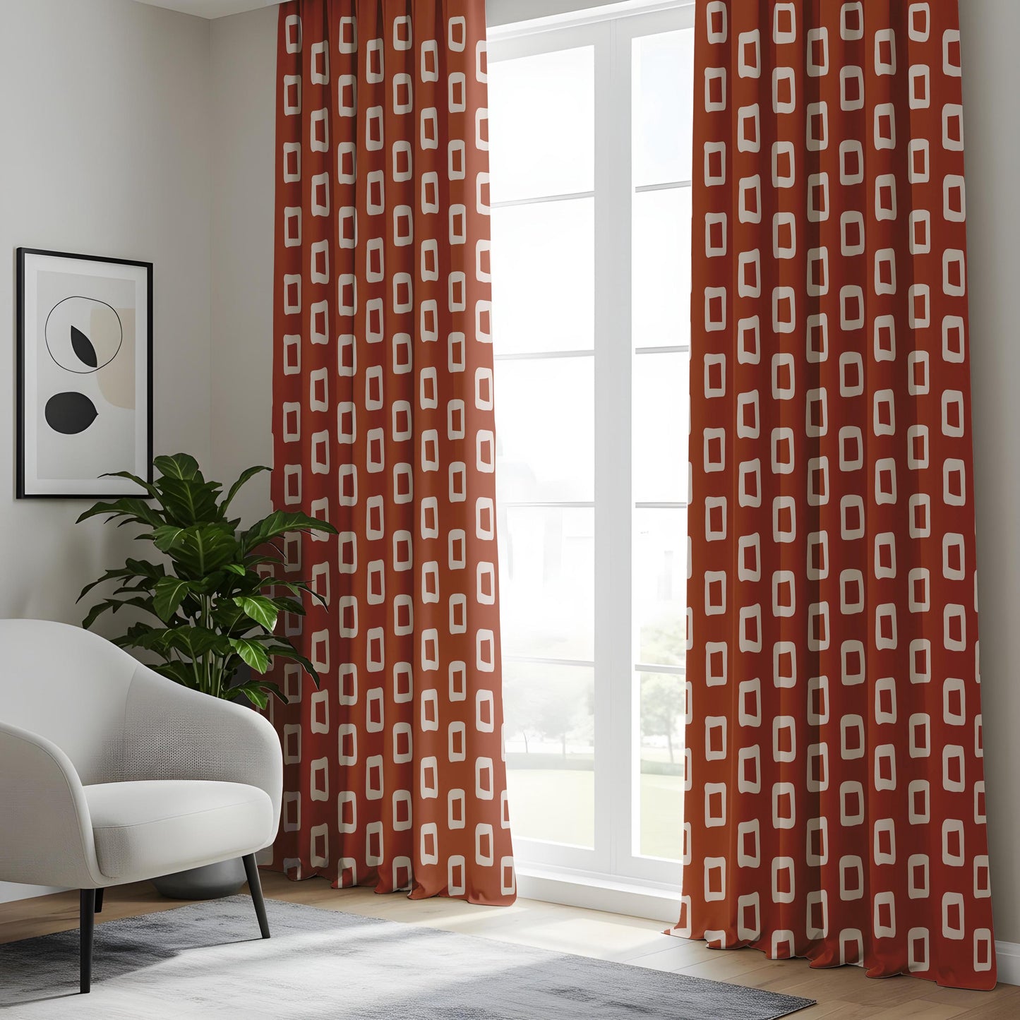 Onay Terracotta Rust Geometric Curtains – Retro Mid Century Rectangle Drapes