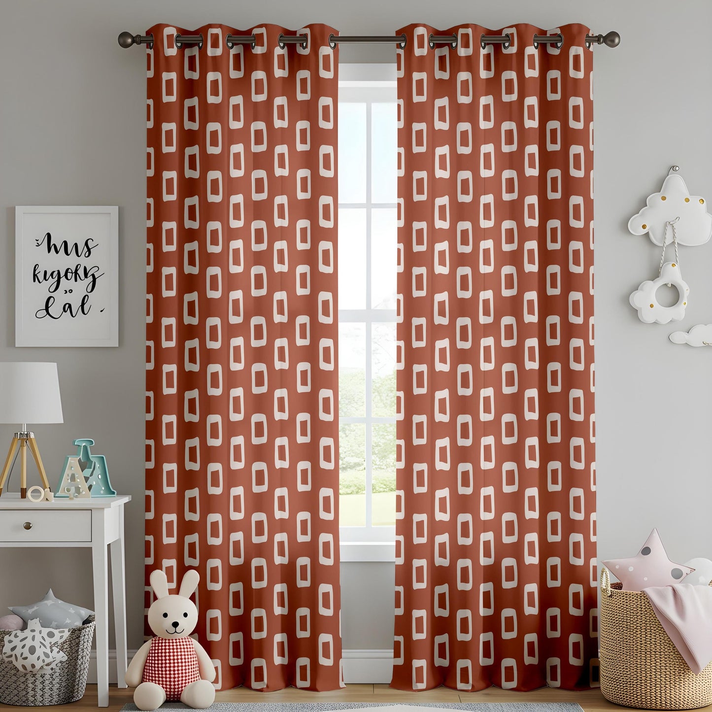 Onay Terracotta Rust Geometric Curtains – Retro Mid Century Rectangle Drapes