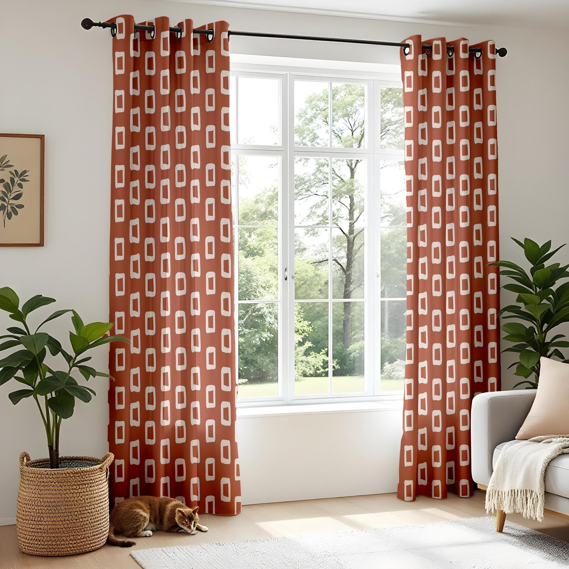 Onay Terracotta Rust Geometric Curtains – Retro Mid Century Rectangle Drapes