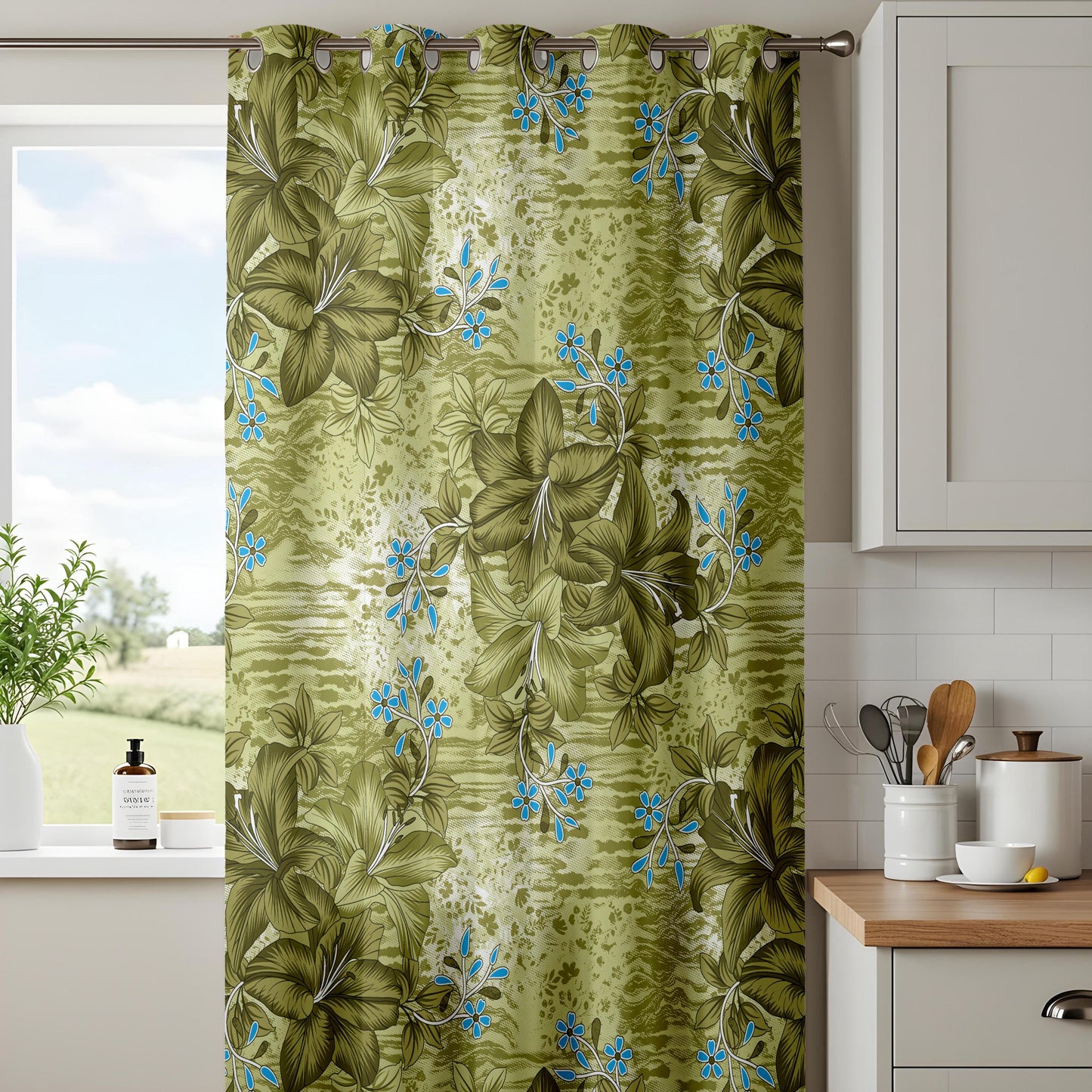 Onay Olive Green Blue Grunge Tropical Curtains – Textured Boho Decor